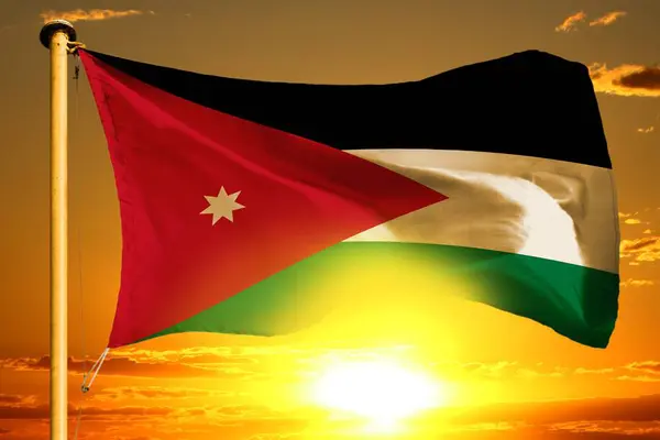 Bandera Jordania Tejiendo Sobre Hermoso Fondo Naranja Del Atardecer —  Fotos de Stock