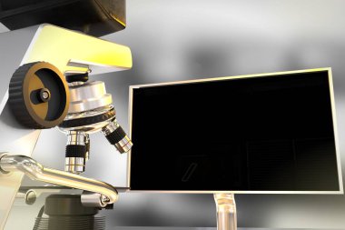 Farmasötik analiz kavramı, 3D nesne illüstrasyonu - laboratuvar modern mikroskobu ve bokeh arkaplanındaki içeriğiniz için boş alan ile izleme