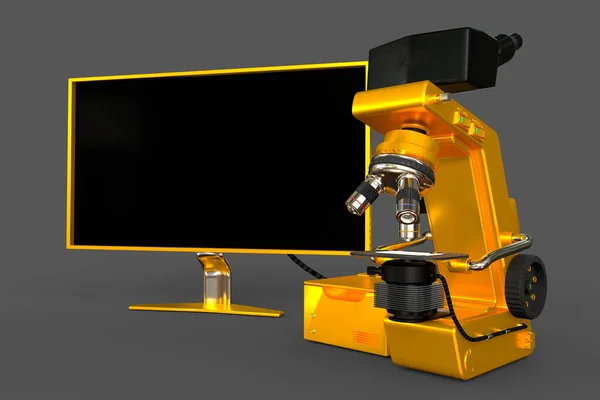 黄金の電子顕微鏡Cpuボックスと空のモニター孤立した 架空のデザインのオブジェクトの現実的な3Dイラスト バイオテクノロジーの発見の概念 — ストック写真