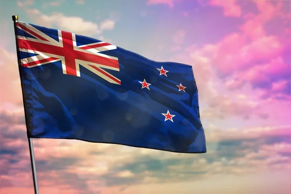 Ondeando Bandera Nueva Zelanda Sobre Colorido Fondo Nublado Nueva Zelanda — Foto de Stock