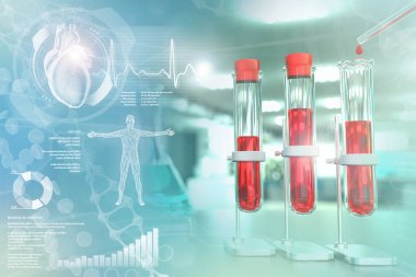 Medikal 3D illüstrasyon, kolej ofisinde test tüpleri - kırmızı hücre dağılımı için kan testi veya yaratıcı kaplamalı lupus