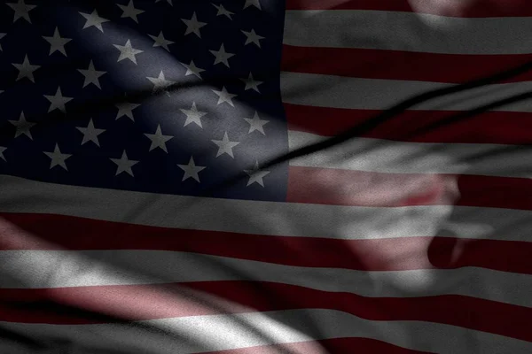 Piękna Ilustracja Ciemnej Flagi Usa Fałdami Leżą Cieniach Plamami Światła — Zdjęcie stockowe