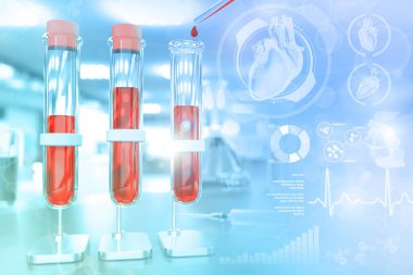 Tıbbi 3D illüstrasyon, araştırma ofisindeki test tüpleri şişeleri - trombosit miktarı için kan örneği analizi veya yaratıcı gradyan örtülü sodyum
