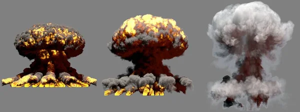 灰色の背景に隔離された煙と炎で核爆弾の3つの巨大な異なる相火キノコ雲爆発 爆発の3Dイラスト — ストック写真