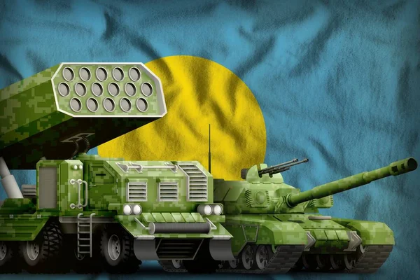 tank and rocket artillery with summer pixel camouflage on the Palau flag background. Palau heavy military armored vehicles concept. 3d Illustration