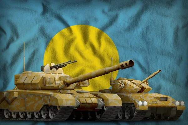 パラオの旗の背景にオレンジのカモフラージュが施されたタンク パラオの戦車部隊のコンセプト 3Dイラスト — ストック写真