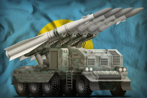 具有北极伪装的战术短程弹道导弹 背景为帕劳国旗 3D说明 — 图库照片