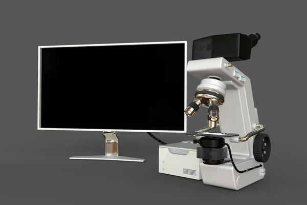 白色的实验室显微镜 立方体 空监视器隔离 摄影逼真的三维物体图解与虚构的设计 物理研究理念 — 图库照片