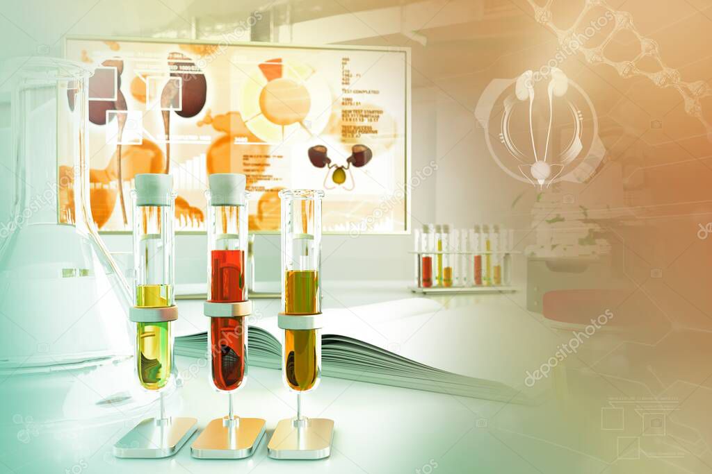 Urine sample test for coronavirus or hypertension - test tubes in modern chemical university clinic, medical 3D illustration