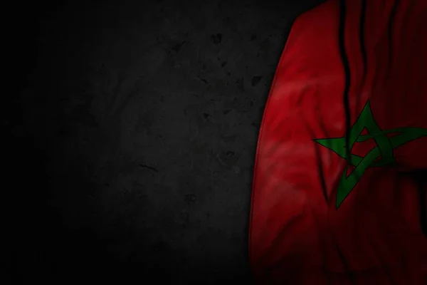 Гарне Темне Зображення Прапора Марокко Великими Складками Чорному Камені Порожнім — стокове фото
