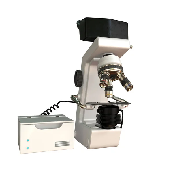 Laboratóriumi Mikroszkóp Kontroll Blokk Fiktív Design Elszigetelt Fehér Realisztikus Illusztráció — Stock Fotó