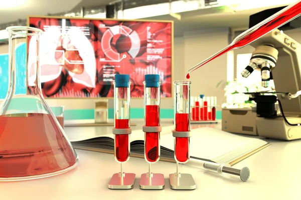 医療大学施設の実験室試験管 ウイルスの血液分析例コロナウイルス 医学3Dイラスト — ストック写真
