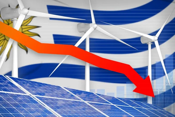 Uruguay solar and wind energy lowering chart, arrow down  - environmental energy industrial illustration. 3D Illustration