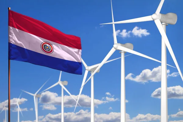 パラグアイの代替エネルギー 風車や旗と風力エネルギー産業の概念 代替再生可能エネルギー産業イラスト 3Dイラスト — ストック写真