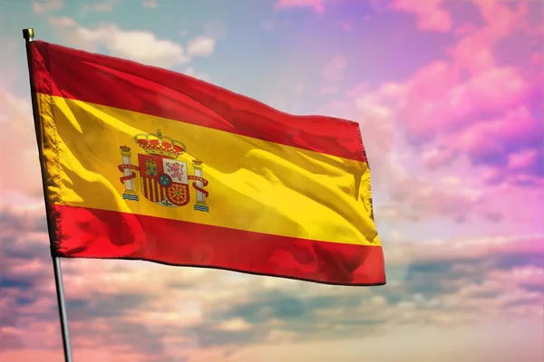 Fluttering Spain Flag Colorful Cloudy Sky Background Spain Prospering Concept — Stock Photo, Image