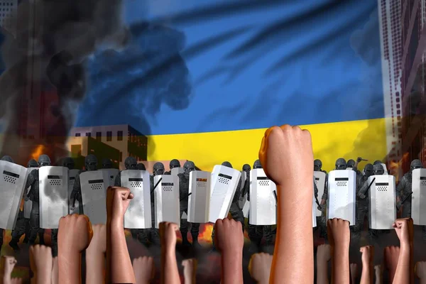 Акция Протеста Украине Полицейский Спецназ Выступает Против Разгневанной Толпы Фоне — стоковое фото