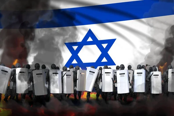 以色列抗议停止的概念 警察冒着浓烟和大火保护和平人民免遭兵变 以国旗为背景的军事3D图解 — 图库照片