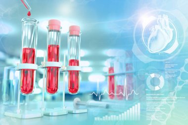 Kimya kliniğinde test tüpleri - kan şekeri veya kolesterol orucu için kan örneği testi, yaratıcı kaplamalı tıbbi 3D illüstrasyon