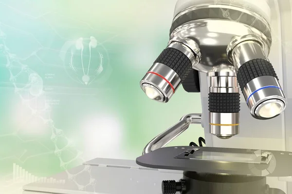 Medical study concept, medical 3D illustration of lab modern scientific microscope with flare on colorful overlay background