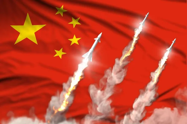 現代の戦略ロケット軍の概念は フラグファブリックの背景に 中国の核ミサイル攻撃 軍事産業の3Dイラスト 旗と核 — ストック写真