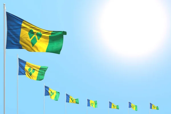 Wonderful Many Saint Vincent Grenadines Flags Placed Diagonal Blue Sky — Stock Photo, Image