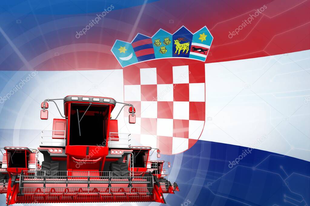 Digital industrial 3D illustration of 3 red modern farm combine harvesters on Croatia flag, farming equipment modernisation concept