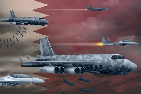 Katarské Bombové Útoky Moderní Katarská Válečná Letadla Bombardují Pozadí Vlajky — Stock fotografie