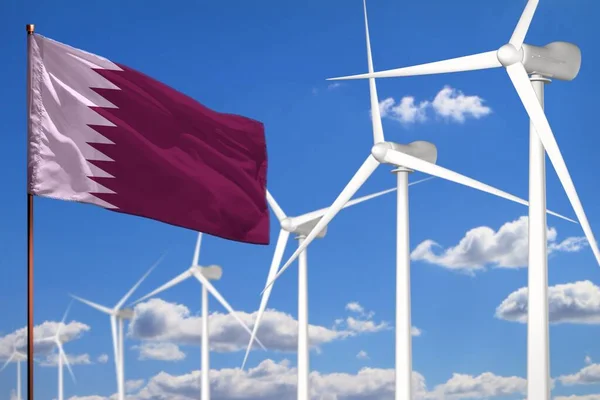 卡塔尔替代能源 有风车和旗子的风能工业概念 替代可再生能源工业图解 3D说明 — 图库照片