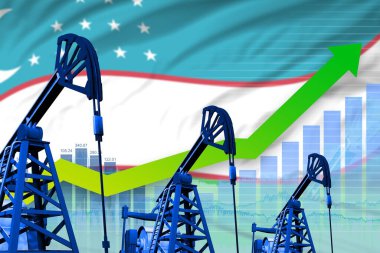 Özbekistan petrol endüstrisi kavramı, endüstriyel illüstrasyon - Özbekistan bayrak arka planında büyüyen grafik. 3B Görüntü