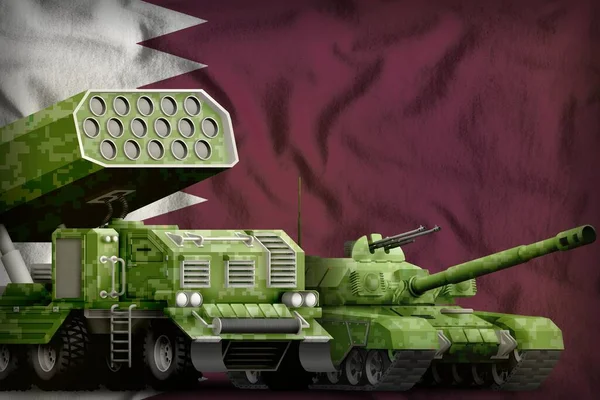tank and rocket launcher with summer pixel camouflage on the Qatar flag background. Qatar heavy military armored vehicles concept. 3d Illustration