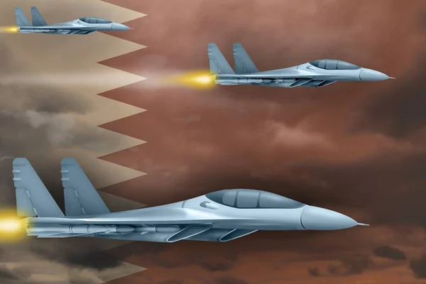 Katar Légicsapás Koncepció Modern Háborús Repülőgépek Megtámadják Katar Zászlós Hátterét — Stock Fotó