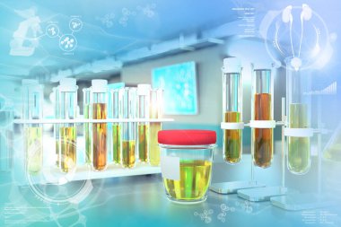 Ketonlar veya kalsiyum oksalatlar için idrar testi - modern biyoloji üniversitesi kliniğinde test tüpleri, tıbbi 3 boyutlu illüstrasyon