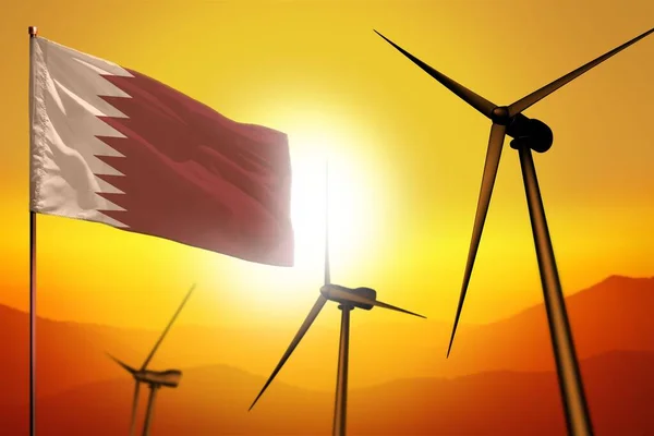 卡塔尔风能 具有涡轮机和日落旗的替代能源环境概念 替代可再生能源 工业用图解 三维图解 — 图库照片