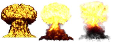 3 büyük, çok detaylı aşama. Mantar bulutu patlaması. Beyaz üzerine izole edilmiş duman ve ateş.