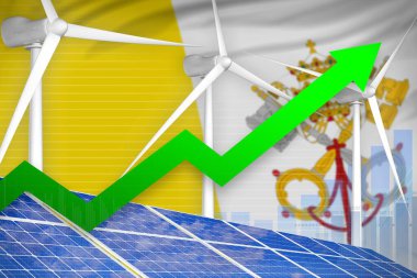 Kutsal Bakış Güneş ve Rüzgar Enerjisi yükselen grafiği, ok yukarı - alternatif enerji endüstriyel illüstrasyonu. 3B Görüntü