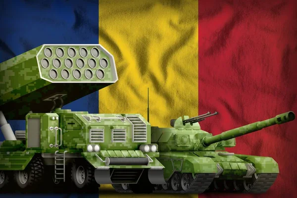 Tank Raketwerper Met Zomer Pixel Camouflage Roemeense Vlag Achtergrond Roemenië — Stockfoto