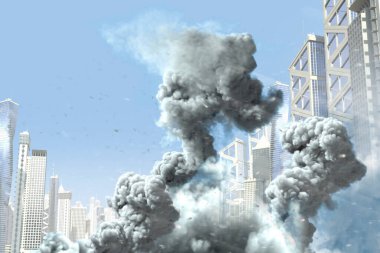 Modern şehirde büyük duman sütunu ve yangın, endüstriyel felaket kavramı veya mavi gökyüzü arka planında terör eylemi - endüstriyel 3D illüstrasyon