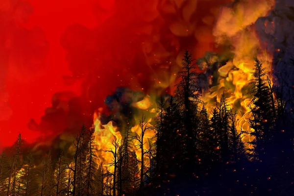 Έννοια Δασικής Πυρόσβεσης Φυσική Καταστροφή Καταχθόνια Φωτιά Στο Δάσος Κόκκινο — Φωτογραφία Αρχείου