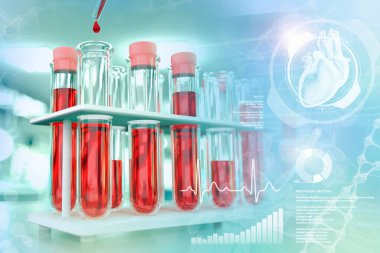 Medikal 3D illüstrasyon, kolej ofisinde test tüpleri - yaratıcı kaplamalı Albumin veya HIV için kan örneği testi