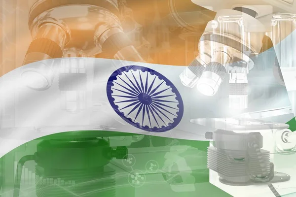 India Scienza Sviluppo Concettuale Sfondo Microscopio Sulla Bandiera Ricerca Biotecnologia — Foto Stock