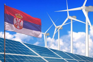 Sırbistan güneş ve rüzgar enerjisi, rüzgar değirmenleriyle yenilenebilir enerji kavramı - küresel ısınmaya karşı yenilenebilir enerji - endüstriyel illüstrasyon, 3D illüstrasyon