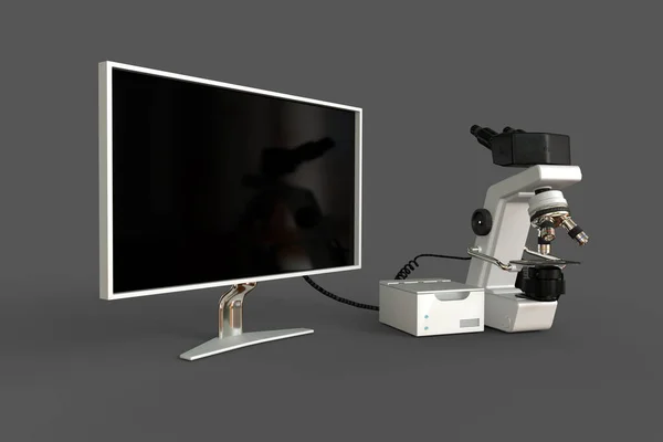 白色专业显微镜 系统盒 空白显示屏孤立 逼真的医学3D图解与虚构设计 医疗保健研究理念 — 图库照片