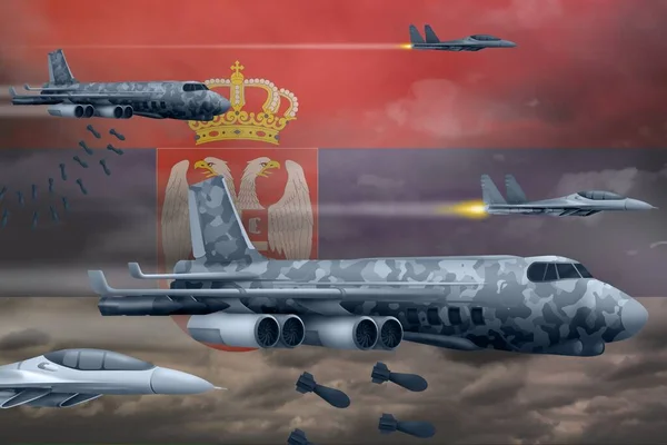 Koncepcja Bombardowania Serbii Nowoczesne Samoloty Wojenne Serbii Bombardujące Tle Flagi — Zdjęcie stockowe