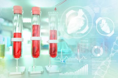 Tıp 3D illüstrasyon, üniversite ofisindeki test tüpleri şişeleri - kan örneği DNA testi trombosit miktarı veya yaratıcı kaplama ile HIV testi