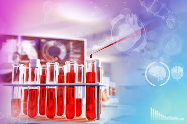 医学3Dイラスト 研究施設での試験管バイアル 創造的なグラデーションオーバーレイと塩化物やHivのための血液サンプルDnaテスト — ストック写真