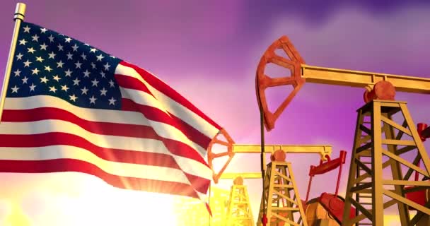 米国の国旗は 日没に油田が石油を汲み上げていることを背景に振っています 石油業界の概念 3Dアニメーション — ストック動画