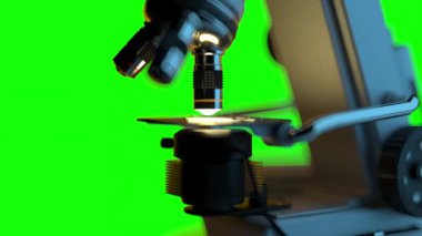 4K 60fps bilim araştırma konsepti - iş yerindeki elektronik mikroskop otomatik olarak yeşil ekranda kromakey kullanımı için izole edilmiş, UHD 3D animasyon