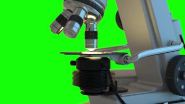 4K Tıbbi Araştırma Konsepti - Kromakey kullanımı için yeşil ekranda çalışan bilimsel mikroskop, UHD 60 FPS 3D animasyon