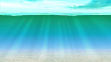 Su altında soyut mavi deniz manzarası, güneş ışınları ve bulutlar, plaj tatili konsepti - 4K UHD 60 FPS 3D animasyon