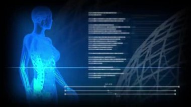 X-Ray roentgen kadın vücudu ve iskelet taraması ve dijital kaydırma metni ve arka plan kullanımı için dönen gezegen efektleri - 4K 60 fps UHD 3D animasyon